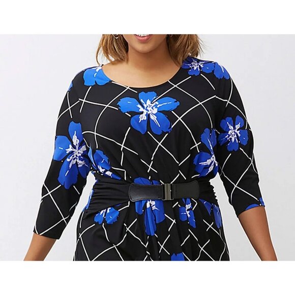 Lane Bryant Blue Floral Print Dress Attached Belt Size 22/24 3X Plus Size Career - Picture 2 of 13